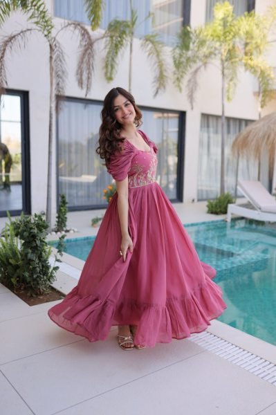 Sophisticated Pink Mal Chanderi Gown with Beads Embroidery for Festive Wear Anarkali Kurtis 
