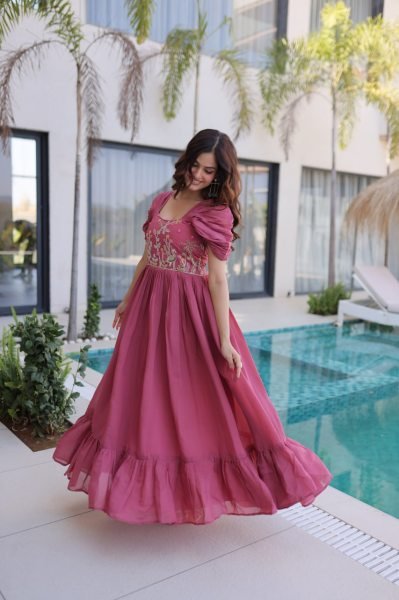 Sophisticated Pink Mal Chanderi Gown with Beads Embroidery for Festive Wear Anarkali Kurtis 