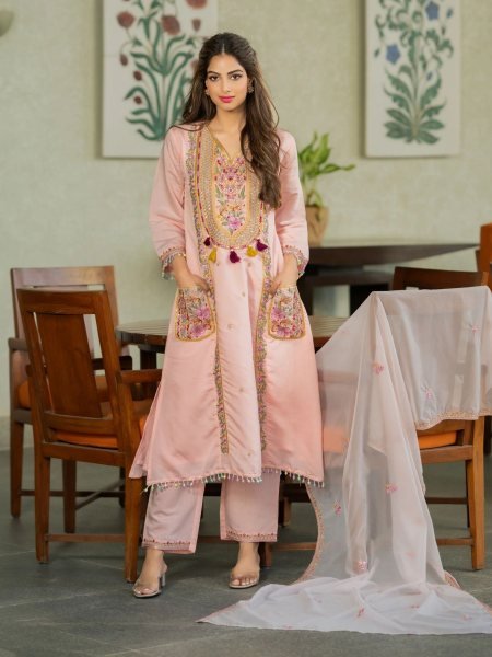 Sophisticated Pink P V  Chanderi Embroidered Suit Set with Taby Dupatta at Wholesale Rate Kurtis