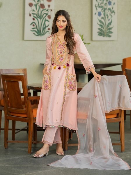 Sophisticated Pink P V  Chanderi Embroidered Suit Set with Taby Dupatta at Wholesale Rate 3 Piece Kurti Set