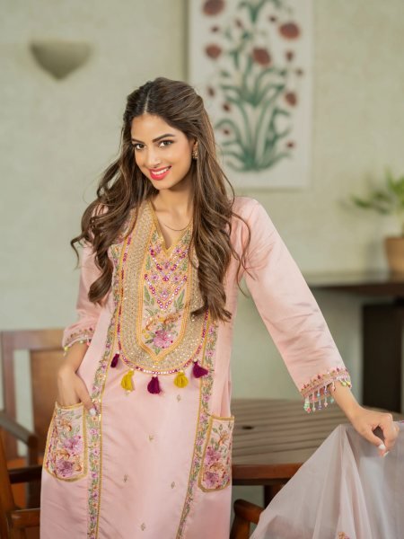 Sophisticated Pink P V  Chanderi Embroidered Suit Set with Taby Dupatta at Wholesale Rate 3 Piece Kurti Set