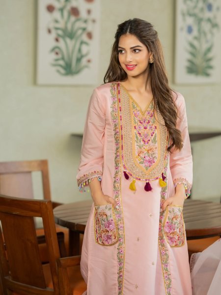 Sophisticated Pink P V  Chanderi Embroidered Suit Set with Taby Dupatta at Wholesale Rate 3 Piece Kurti Set