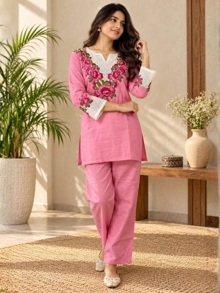 Sophisticated Pink Rayon Slub Co Ord Set with Multi Thread Embroidery st Wholesale Rate Kurtis