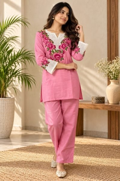 Sophisticated Pink Rayon Slub Co Ord Set with Multi Thread Embroidery st Wholesale Rate CO ORD Sets
