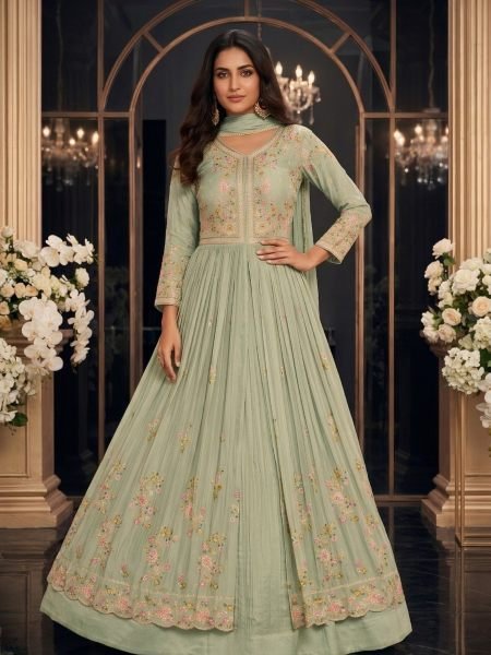 Sophisticated Pista Designer Chinon Silk Top and Skirt Set with Embroidered Dupatta Salwar Kameez