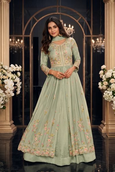 Sophisticated Pista Designer Chinon Silk Top and Skirt Set with Embroidered Dupatta Anarakali Gown Wholesale