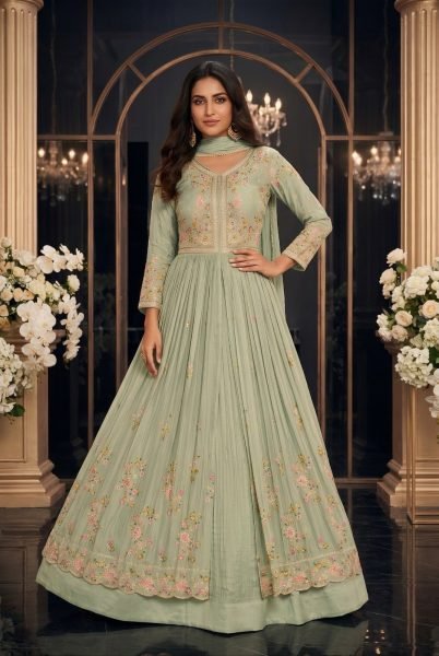 Sophisticated Pista Designer Chinon Silk Top and Skirt Set with Embroidered Dupatta Anarakali Gown Wholesale