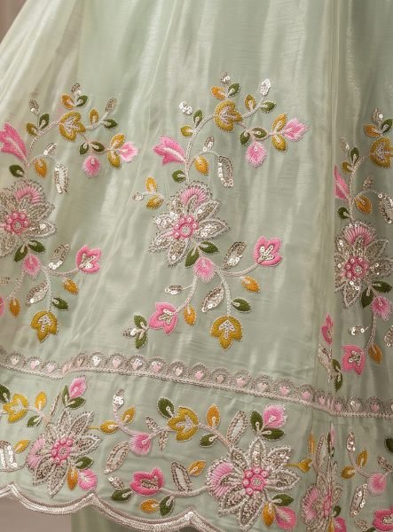 Sophisticated Pista Designer Chinon Silk Top and Skirt Set with Embroidered Dupatta Anarakali Gown Wholesale