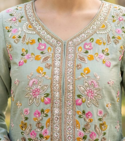 Sophisticated Pista Designer Chinon Silk Top and Skirt Set with Embroidered Dupatta Anarakali Gown Wholesale