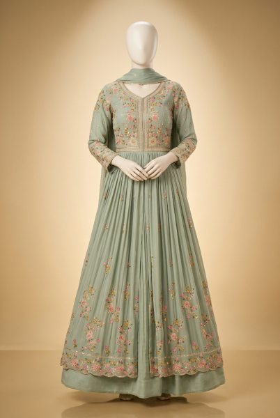 Sophisticated Pista Designer Chinon Silk Top and Skirt Set with Embroidered Dupatta Anarakali Gown Wholesale