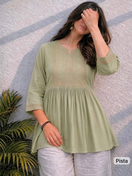 Sophisticated Pista Premium Embroidered Short Rayon Tunic for Office Wear Kurtis
