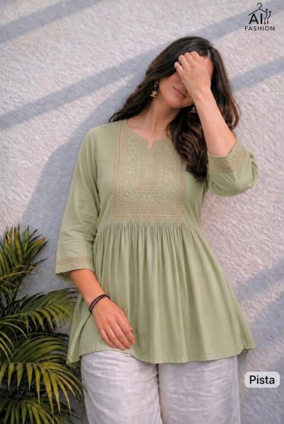 Sophisticated Pista Premium Embroidered Short Rayon Tunic for Office Wear Tunics kurti