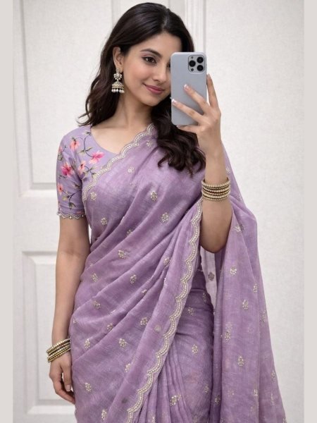 Sophisticated Purple Embroidered Saree with Digital Print Blouse for Wedding Wear Sarees 