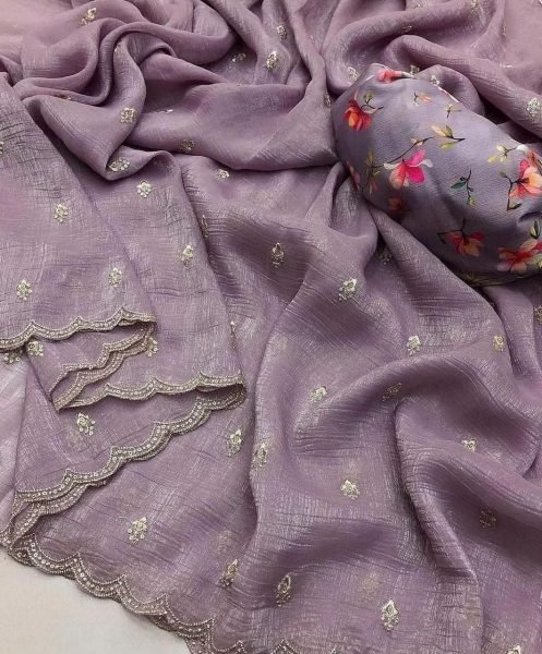 Sophisticated Purple Embroidered Saree with Digital Print Blouse for Wedding Wear Embroidery Sarees Wholesale
