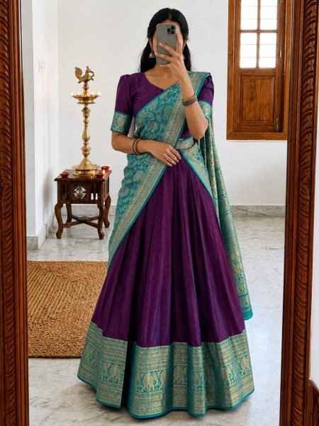 Sophisticated Purple Heavy Lichi Silk Lehenga Choli with Jacquard Woven Zari Border 