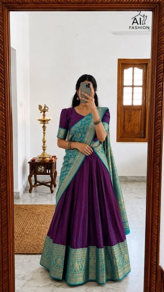 Sophisticated Purple Heavy Lichi Silk Lehenga Choli with Jacquard Woven Zari Border Half Saree Lehenga