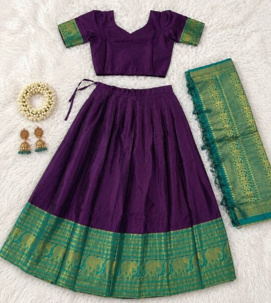 Sophisticated Purple Heavy Lichi Silk Lehenga Choli with Jacquard Woven Zari Border Half Saree Lehenga