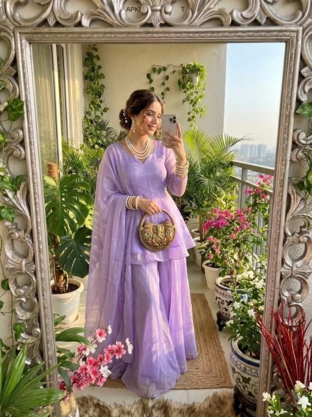 Sophisticated Purple Premium Crunchy Silk Kurti Palazzo Dupatta Set for Women Ready To Wear Collection