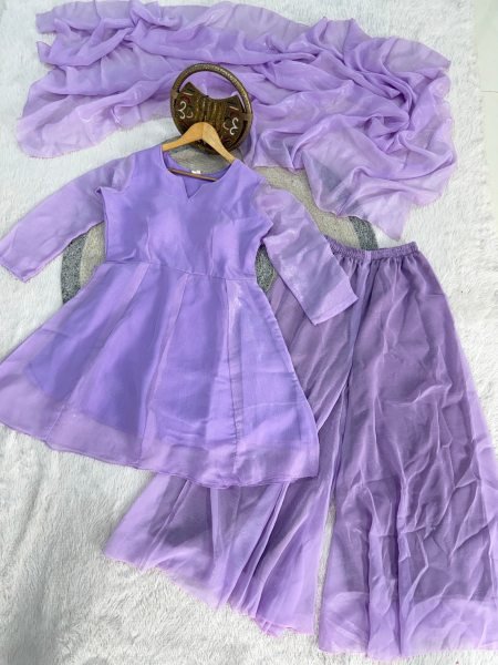 Sophisticated Purple Premium Crunchy Silk Kurti Palazzo Dupatta Set for Women Ready To Wear Collection