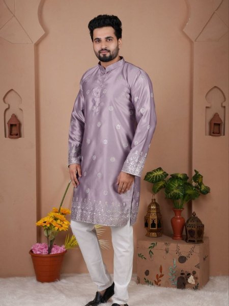 Sophisticated Purple Wedding Special Kurta Pyjama with Elegant Design Mens Wear