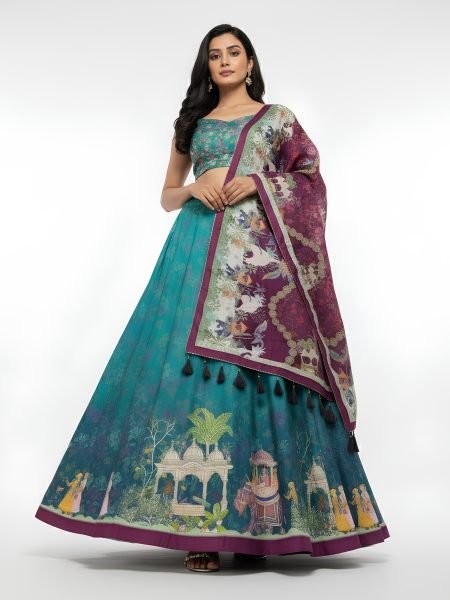 Sophisticated Rama Dola Silk Digital Print Lehenga Choli with Tassel Dupatta at Wholesale Rate  Lehenga