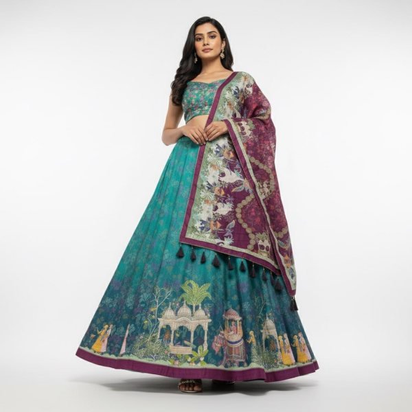Sophisticated Rama Dola Silk Digital Print Lehenga Choli with Tassel Dupatta at Wholesale Rate Designer Lehenga Choli