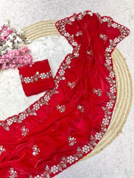 Sophisticated Red Fandy Satin Saree with Matching Brits Worked Blouse At Direct Factory 