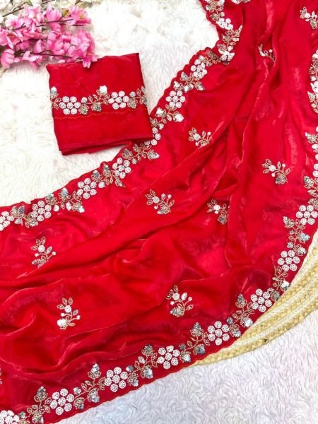 Sophisticated Red Fandy Satin Saree with Matching Brits Worked Blouse At Direct Factory Bollywood Fancy Sarees Wholesale