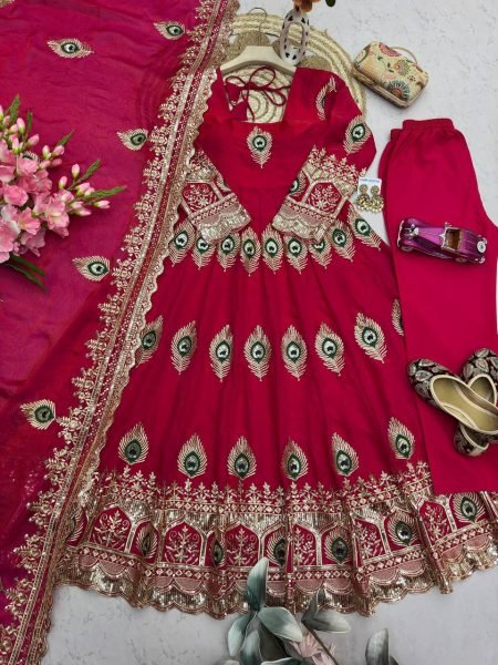 Sophisticated Red Heavy Fandy Silk Party Wear Gown with Zari Sequins Embroidery Ready To Wear Collection