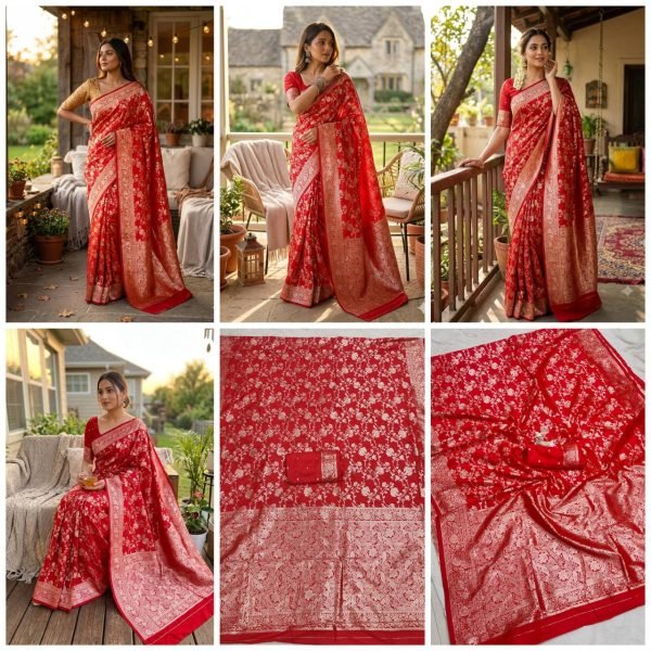 Sophisticated Red Soft Silk Saree with Rich Zari Woven Pattern and Designer Blouse Piece Silk Sarees Wholesale