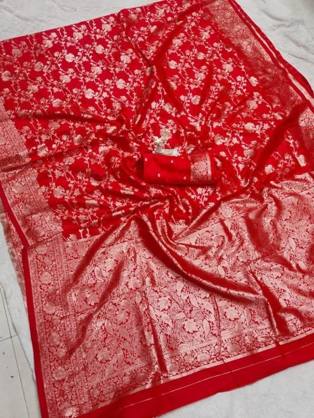 Sophisticated Red Soft Silk Saree with Rich Zari Woven Pattern and Designer Blouse Piece Silk Sarees Wholesale