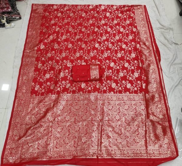 Sophisticated Red Soft Silk Saree with Rich Zari Woven Pattern and Designer Blouse Piece Silk Sarees Wholesale