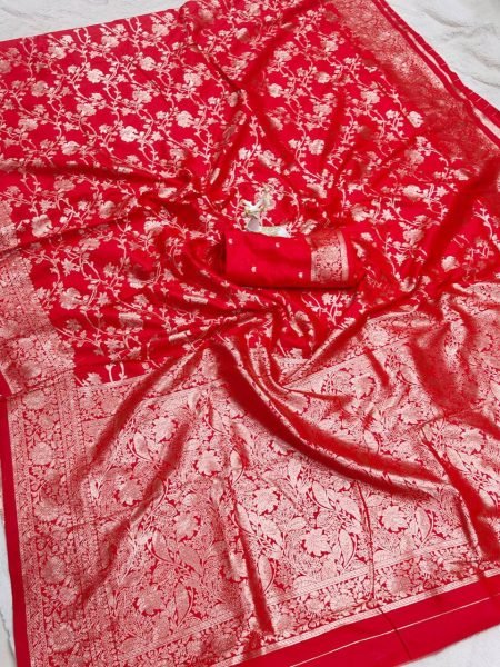 Sophisticated Red Soft Silk Saree with Rich Zari Woven Pattern and Designer Blouse Piece Silk Sarees Wholesale