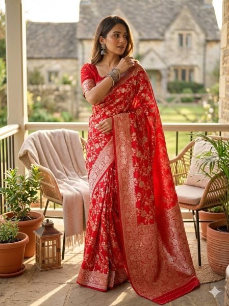Sophisticated Red Soft Silk Saree with Rich Zari Woven Pattern and Designer Blouse Piece Silk Sarees Wholesale