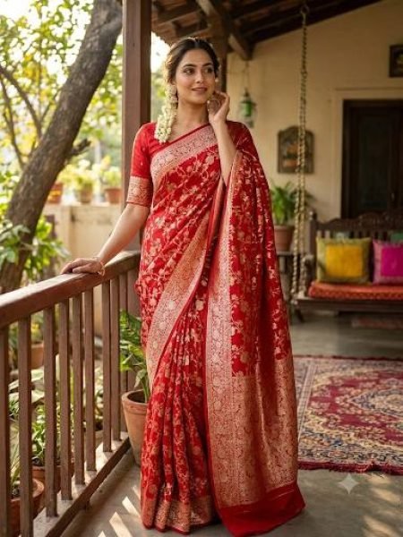 Sophisticated Red Soft Silk Saree with Rich Zari Woven Pattern and Designer Blouse Piece Silk Sarees Wholesale