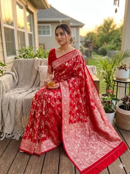 Sophisticated Red Soft Silk Saree with Rich Zari Woven Pattern and Designer Blouse Piece Silk Sarees Wholesale