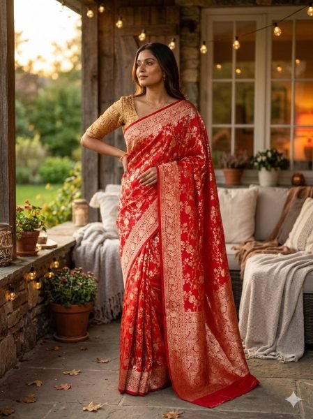 Sophisticated Red Soft Silk Saree with Rich Zari Woven Pattern and Designer Blouse Piece Silk Sarees Wholesale