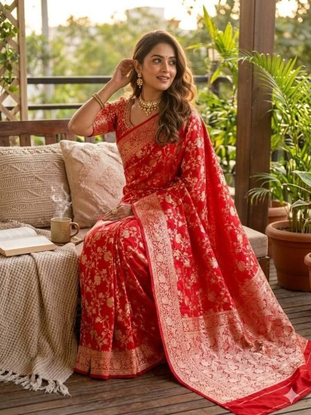 Sophisticated Red Soft Silk Saree with Rich Zari Woven Pattern and Designer Blouse Piece Silk Sarees Wholesale