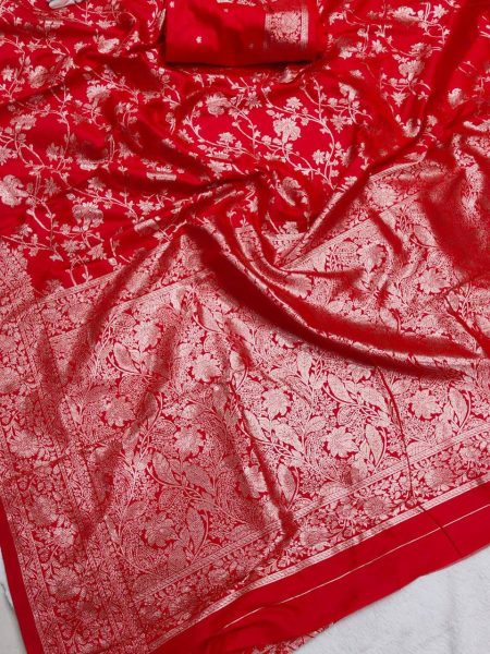 Sophisticated Red Soft Silk Saree with Rich Zari Woven Pattern and Designer Blouse Piece Silk Sarees Wholesale