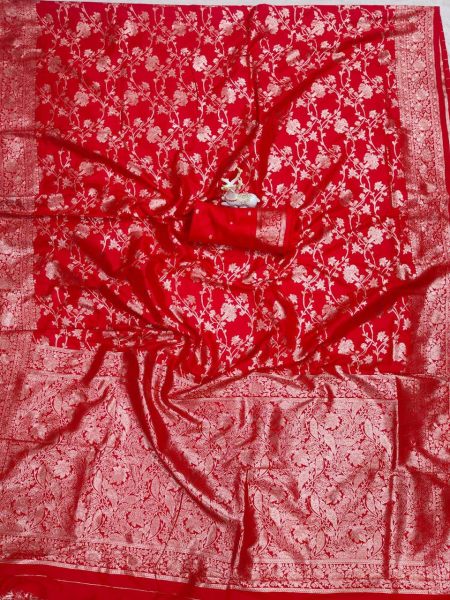 Sophisticated Red Soft Silk Saree with Rich Zari Woven Pattern and Designer Blouse Piece Silk Sarees Wholesale