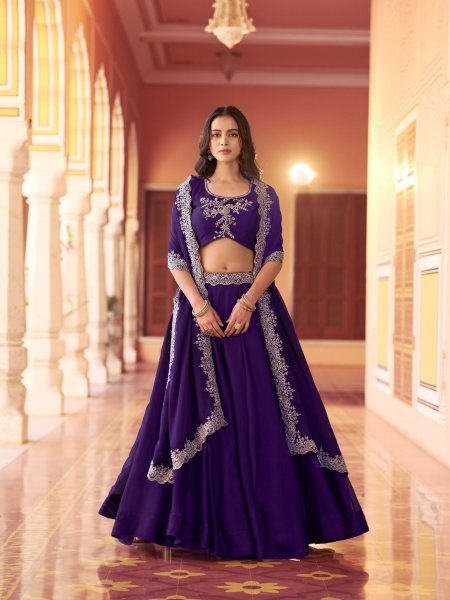 Sophisticated Royal Purle Rangoli Silk Lehenga Set with Embroidery at Wholesale Rate 