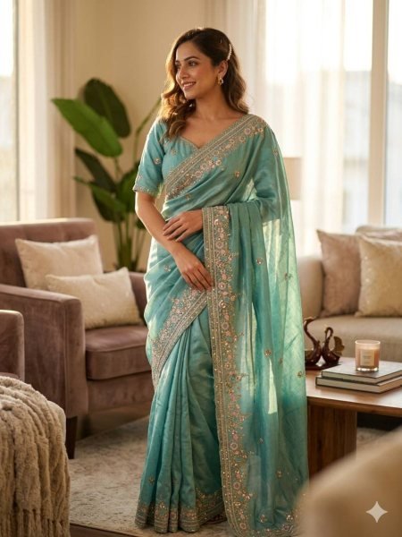 Sophisticated Sky Blue Vichitra Saree with Multi Color Embroidery at Wholesale Rate Sarees 