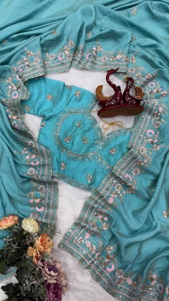 Sophisticated Sky Blue Vichitra Saree with Multi Color Embroidery at Wholesale Rate Designer Wedding Sarees Wholesale