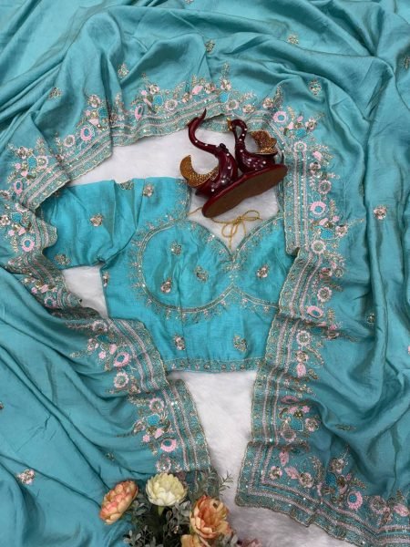 Sophisticated Sky Blue Vichitra Saree with Multi Color Embroidery at Wholesale Rate Designer Wedding Sarees Wholesale