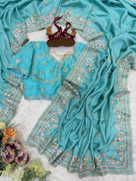 Sophisticated Sky Blue Vichitra Saree with Multi Color Embroidery at Wholesale Rate Designer Wedding Sarees Wholesale