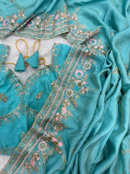 Sophisticated Sky Blue Vichitra Saree with Multi Color Embroidery at Wholesale Rate Designer Wedding Sarees Wholesale