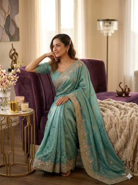 Sophisticated Sky Blue Vichitra Saree with Multi Color Embroidery at Wholesale Rate Designer Wedding Sarees Wholesale