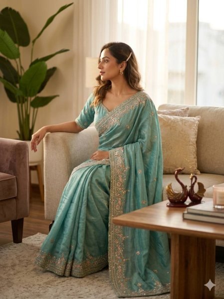 Sophisticated Sky Blue Vichitra Saree with Multi Color Embroidery at Wholesale Rate Designer Wedding Sarees Wholesale