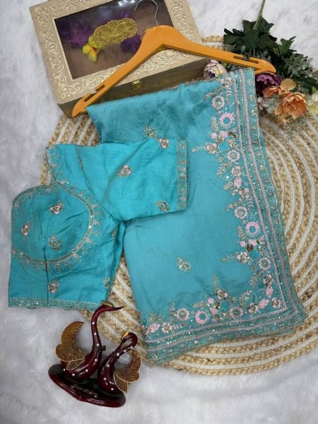 Sophisticated Sky Blue Vichitra Saree with Multi Color Embroidery at Wholesale Rate Designer Wedding Sarees Wholesale