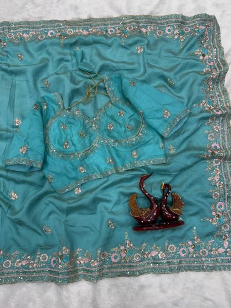 Sophisticated Sky Blue Vichitra Saree with Multi Color Embroidery at Wholesale Rate Designer Wedding Sarees Wholesale